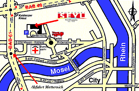 Wegskizze: Druckerei Seyl, Koblenz-Metternich Wegskizze: Druckerei Seyl, Koblenz-Metternich